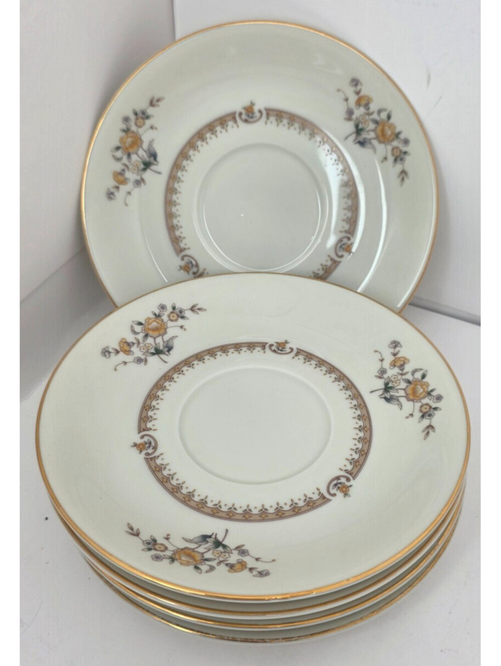 Set of 5 Mikasa Peony Rose Saucers M2003 Ivory China Yellow Floral Replacement 1